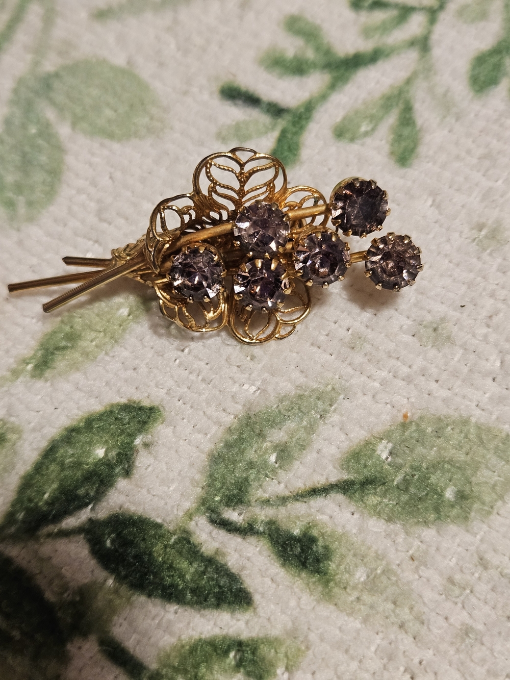 Rhinestone Filigree Brooch Pin, Purple Rhinestones Gold Tone Filigree Flowers.